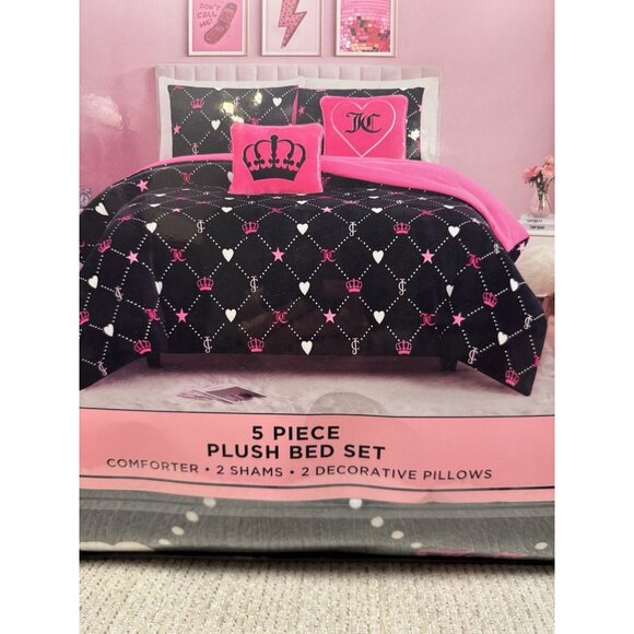 NWT Juicy Couture 5pc QUEEN Plush Comforter Set Black Pink Heart Crowns Monogram - Picture 4 of 6